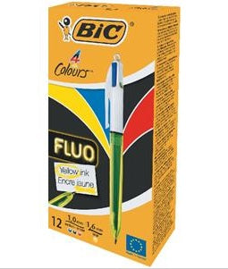 Stylo Bille Rétractable Bic 4 Couleurs Fluo Medium Noir/Bleu/Rouge Encre Jaune Large (Pack 12)