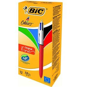 Stylo à bille fin original 4 couleurs Bic, pointe 0,8 mm, trait 0,3 mm (bleu/noir/rouge/vert), lot de 12